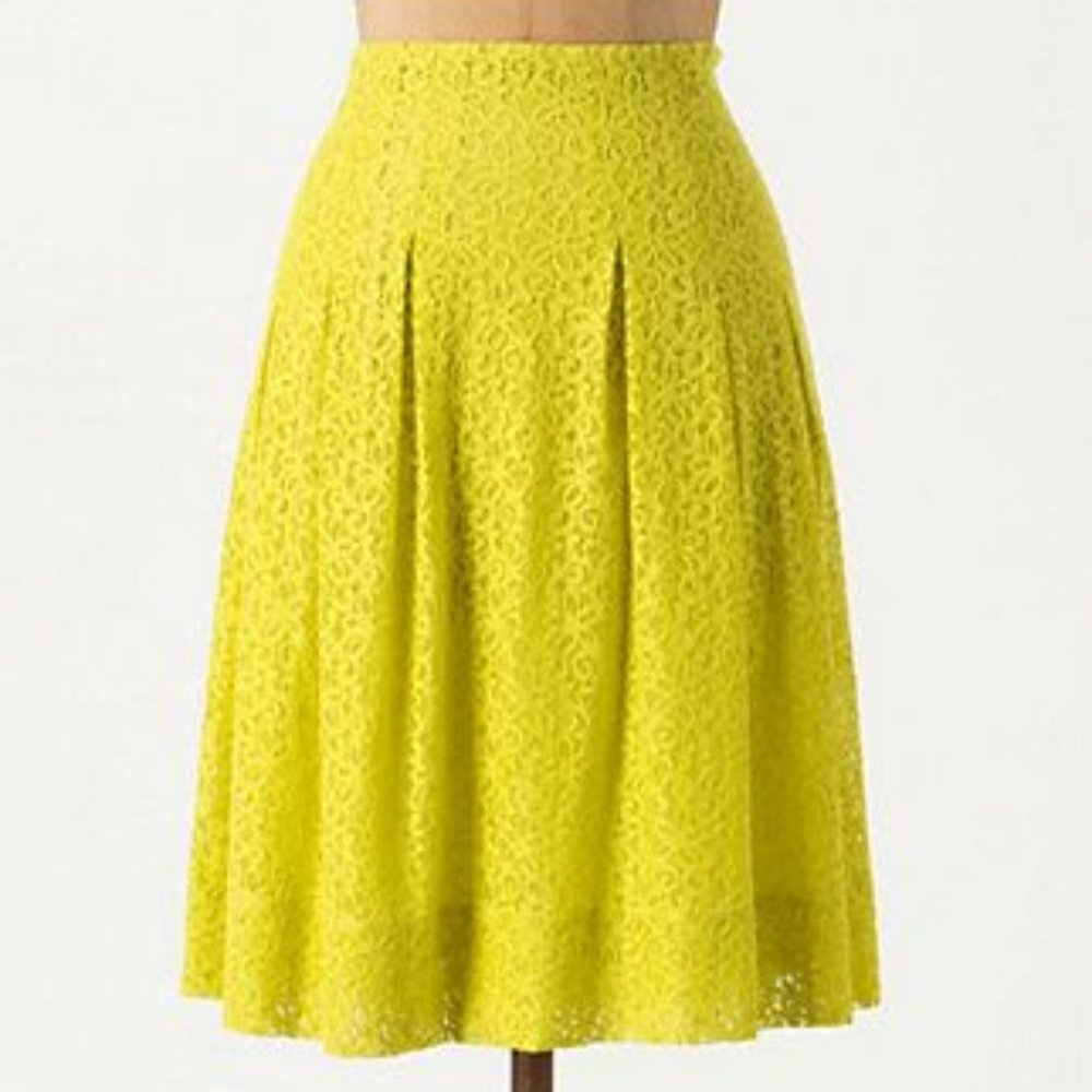 ANTHROPOLOGIE Tart Citron Skirt Neon Yellow Floral Lace A-Line Petite NEW - Picture 1 of 6